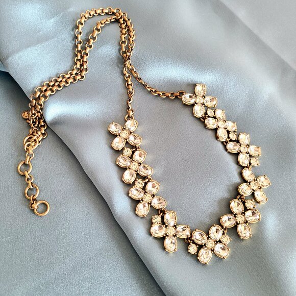 J. Crew clear rhinestones gold tone necklace floral design. - Picture 1 of 7